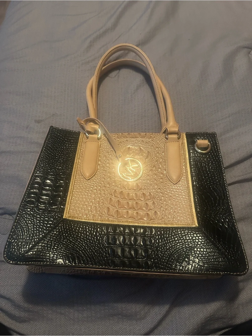Michael Kors Beige and Black Croc-Embossed Tote Bag with Medallion Charm